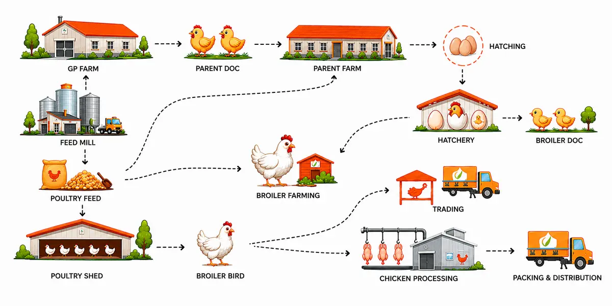 The connected poultry value chain from grandparent farms and hatcheries to broiler farming and feed mills